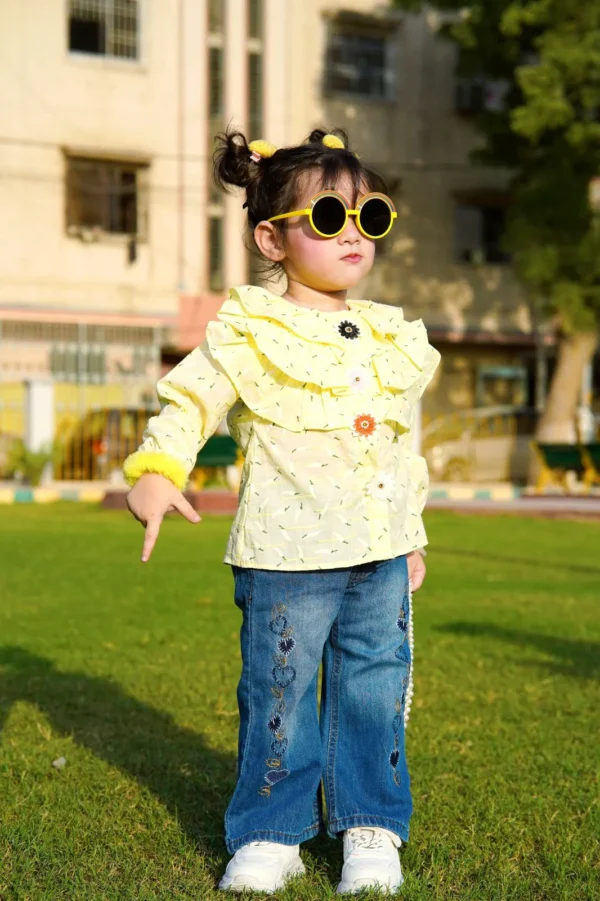 Yellow Ruffle Collar Top for Girls - Cute and Stylish Spring Wear - Image 2